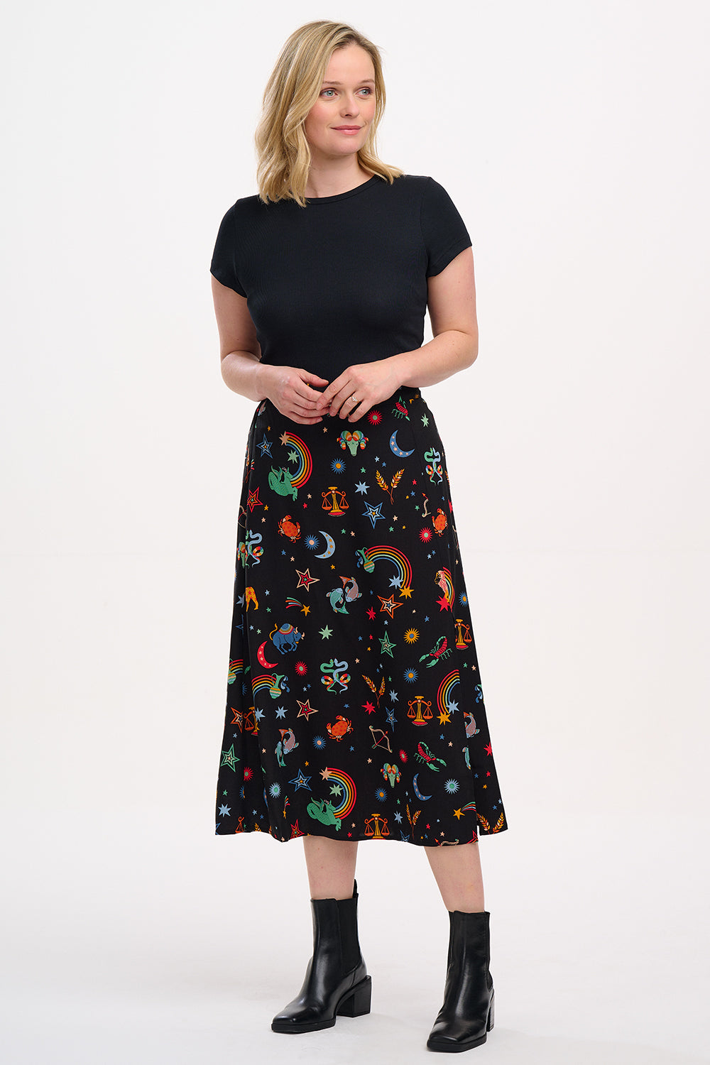 Rosalind Skirt - Black, Zodiac Rainbow Skies