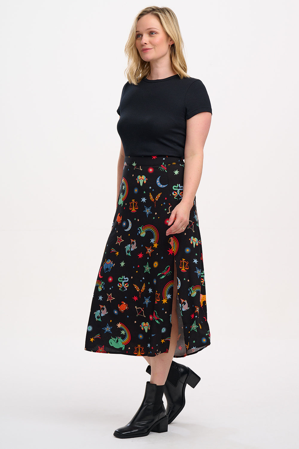 Rosalind Skirt - Black, Zodiac Rainbow Skies