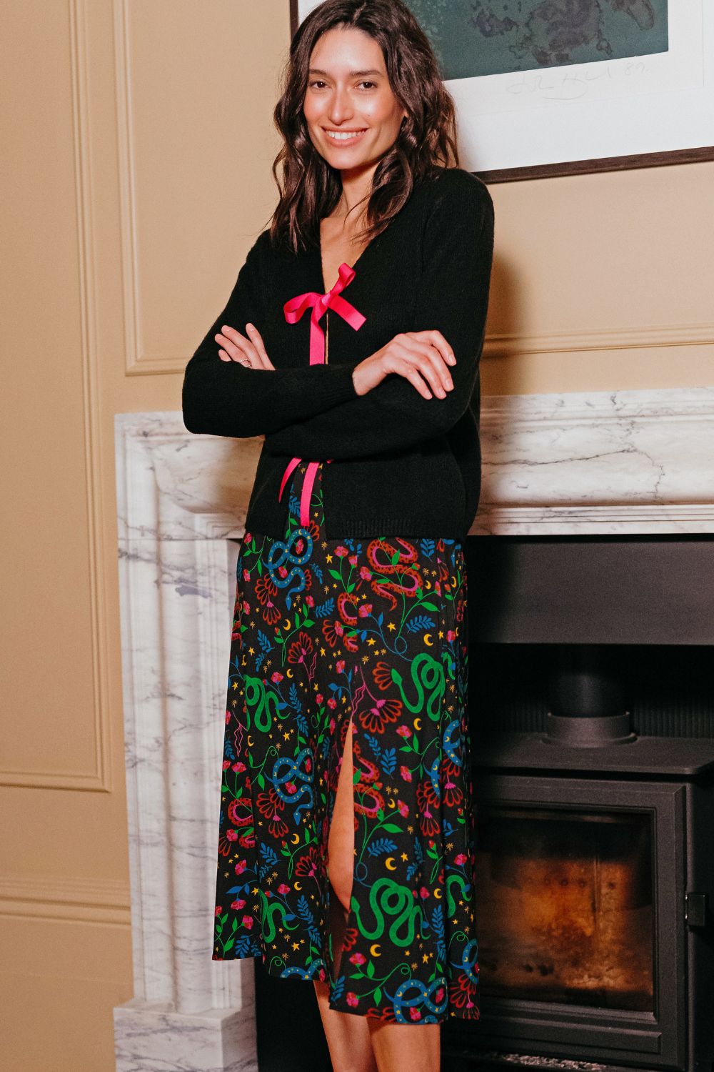 Rosalind Skirt - Black, Snake Floral