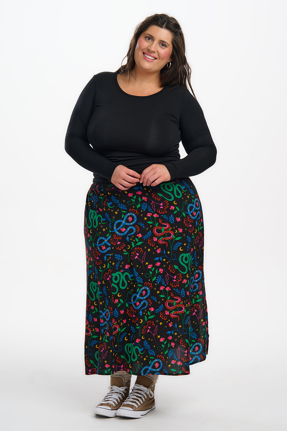 Rosalind Skirt - Black, Snake Floral