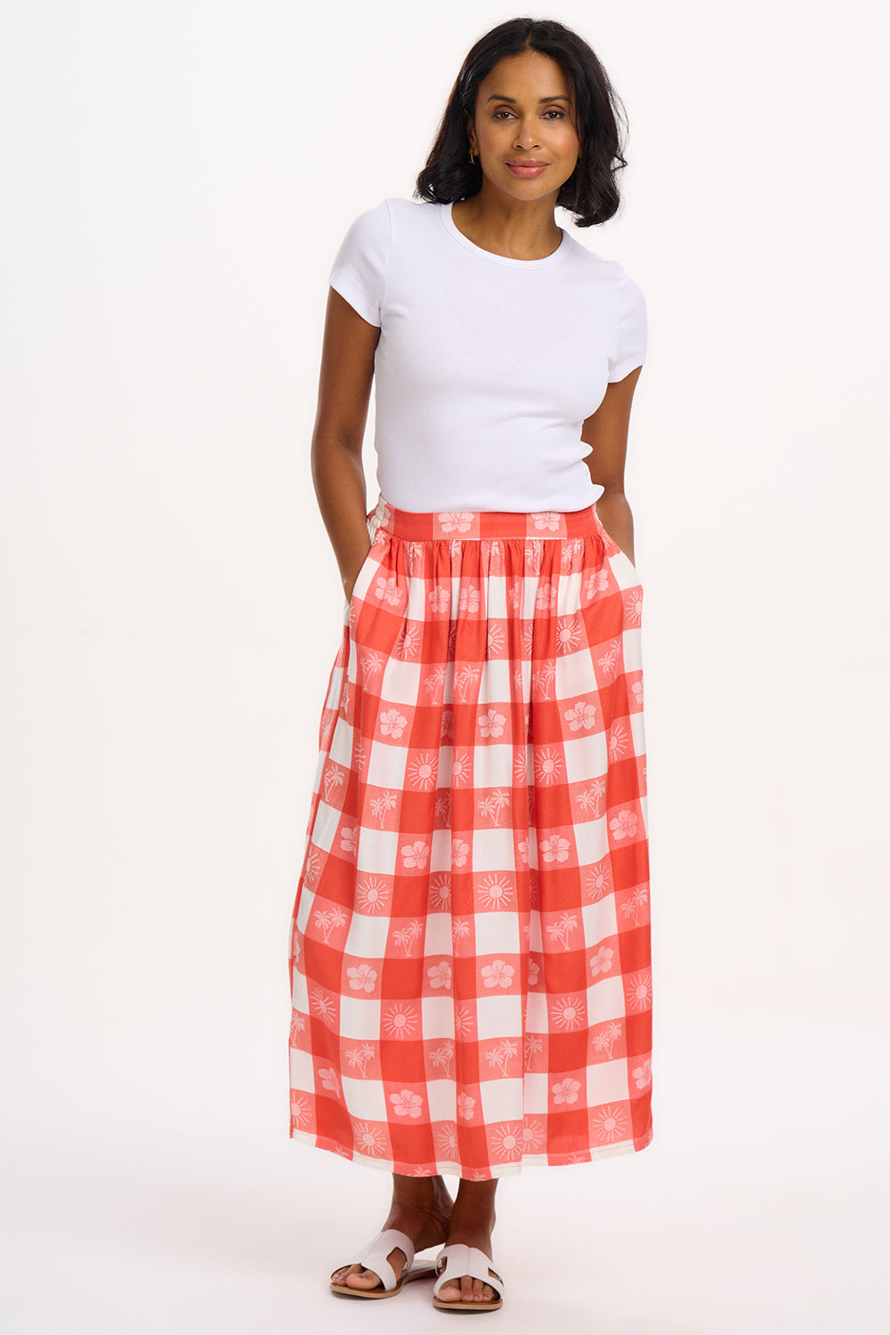 Cecilia Skirt - Off-White/Coral, Tropical Gingham